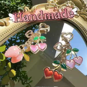 Handmade High quality Gifts Red pink Cherry keychain Novelty Rhinestone bagcharm