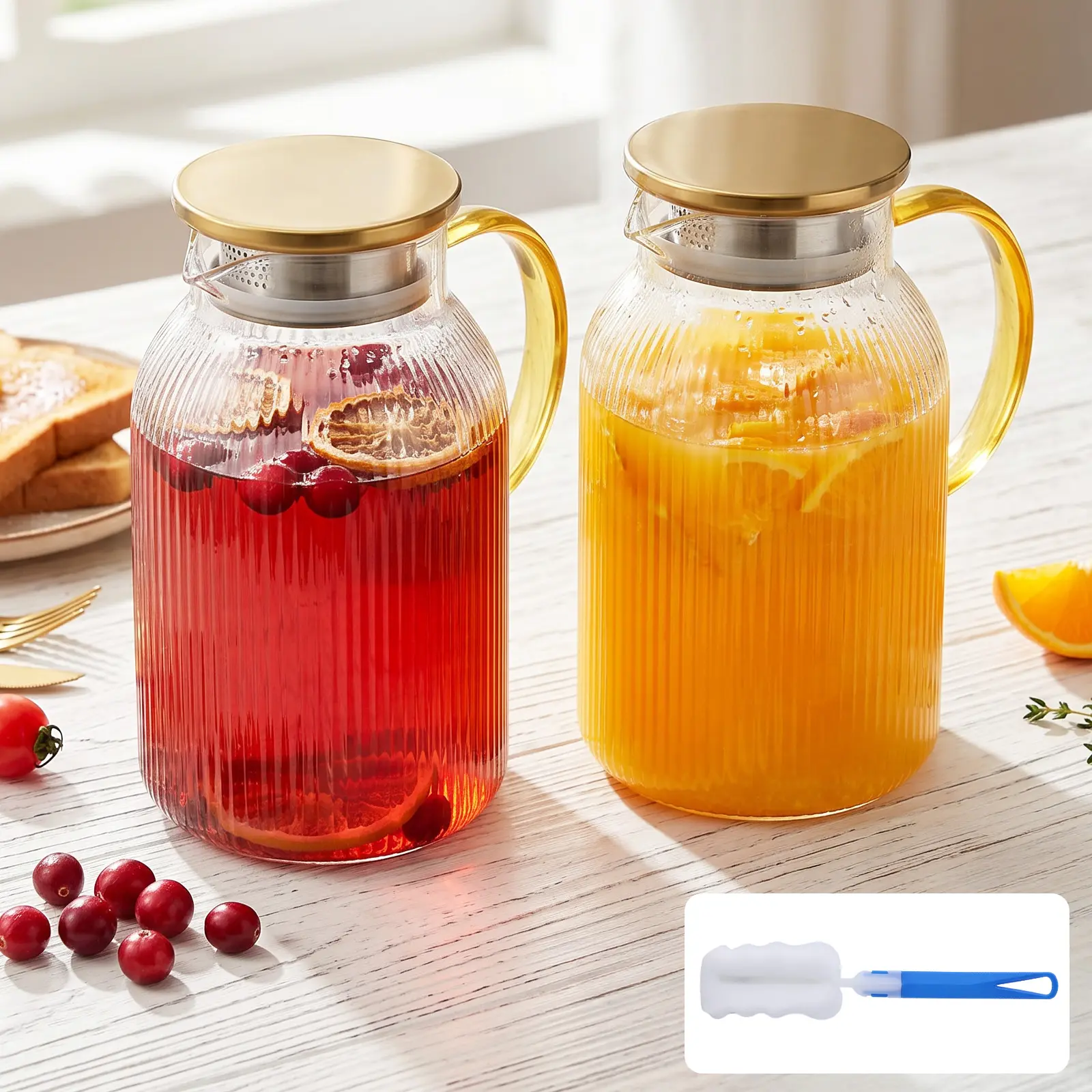 LOVEWE 2-Piece Lidded Pitcher & Jug Set - Spill-Proof Lid, Glass Body, Cleaning Brush, 60oz Large Capacity, Fridge-Safe for Hot/Cold Drinks, Mother's Day Gift, Kitchen Drinkware Essential, Glass Tea Pitcher