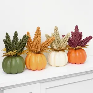 8” Autumn Dried Wheat and Pumpkin Artificial Fall Arrangement in Decorative Pumpkin Vase, For Autumn Decoration, Halloween, Room, Yard Ornament