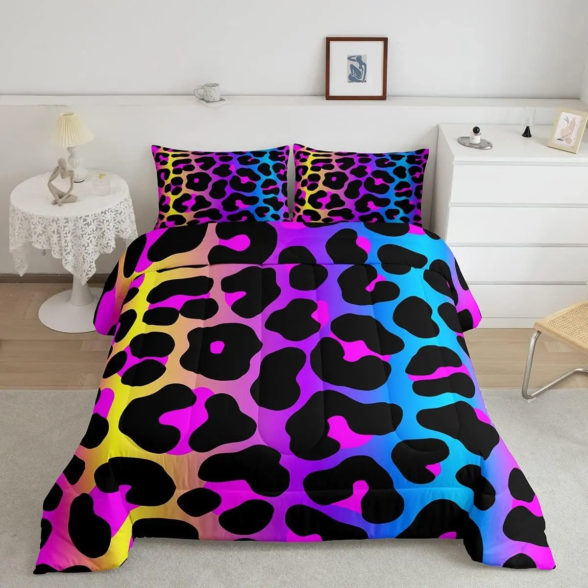Luxury Quilted Comforter Set - Queen Size, Multi-Size Options, Breathable Quilted Texture, Modern Bold Leopard Art, Colorful Animals All Over Print Duvets & Sets, Black Purple Machine Washable Bedding, Leopard Print, Geometric