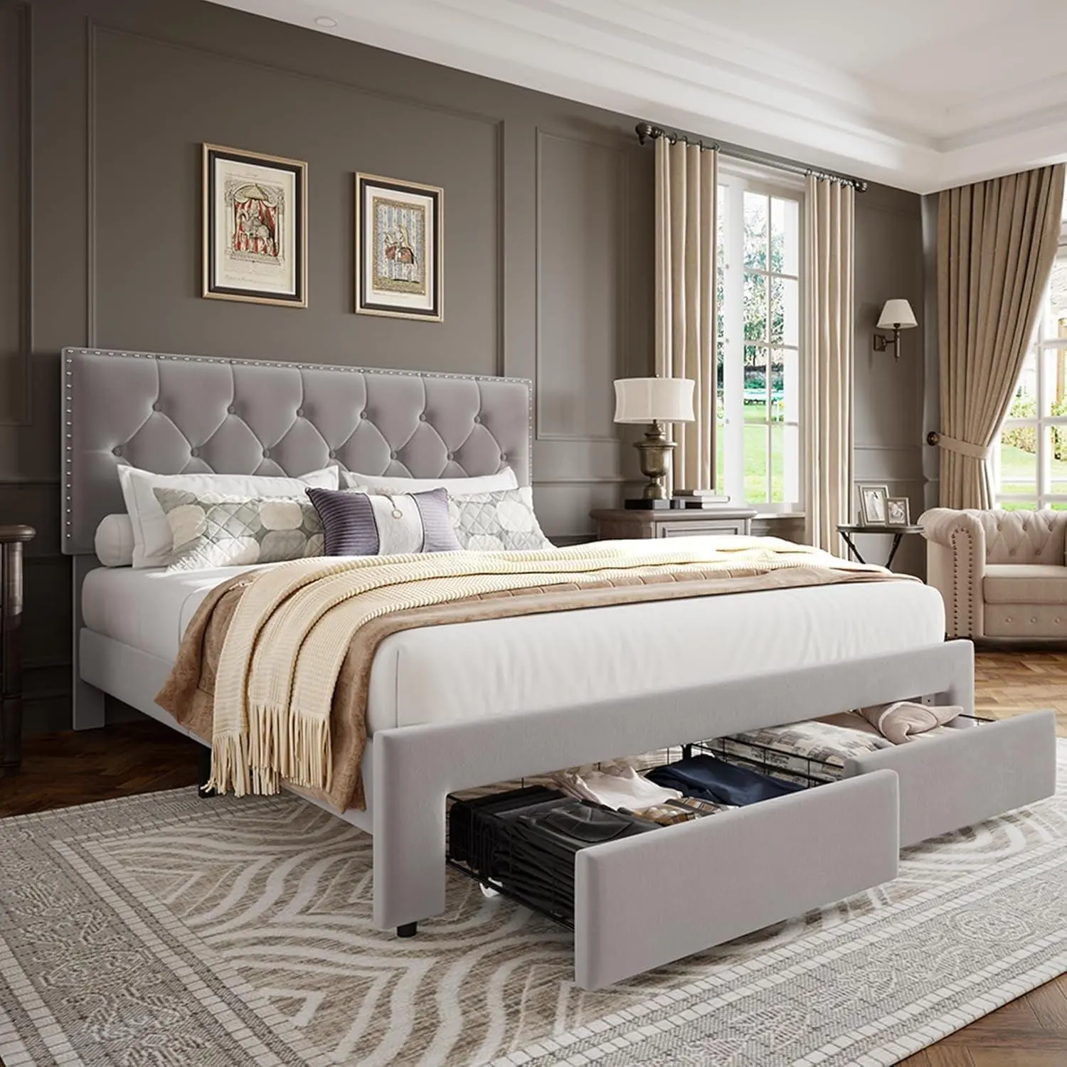 Gaomon Full Size Vintage Velvet Fabric Bed Frame - Plush All Around, Button Tufting Wingback Headboard, 2 Storage Drawers, Smooth Wooden Slat Support, Silent Sturdy Design, Headboard Adjust, No Box Spring Needed, Adjustable, Assembly Required, Beige