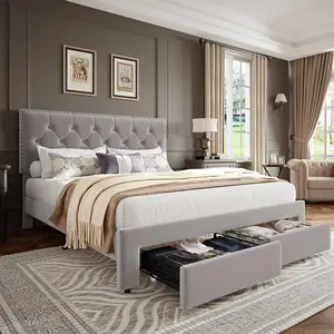 Gaomon Full Size Vintage Velvet Upholstered Bed Frame with Button Tufted Wingback Headboard, 2 Storage Drawers, Wooden Slat Support, Noise-Free, No Box Spring Needed, Beige, Bed Frames