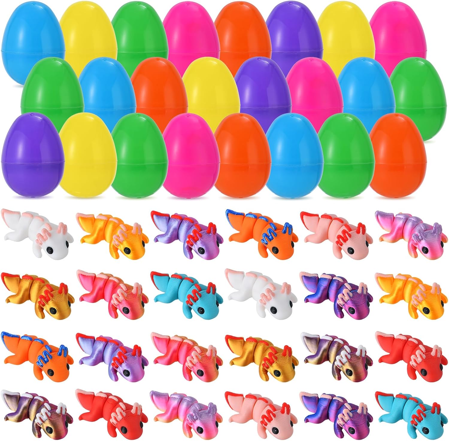 24‑Pack Prefilled Easter Eggs with 3D Printed Axolotl Figurines – Easter Basket Stuffers & Easter Egg Hunt Toys for Kids, Fun Fidget & Toy Egg Fillers