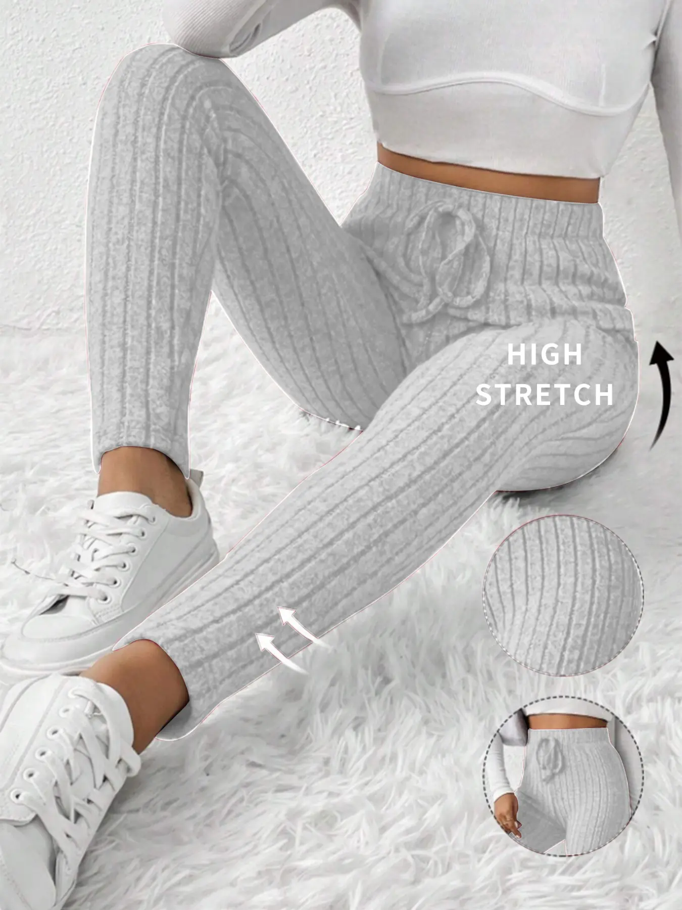 Plus Size Women's Solid Color Tight Yoga Pants, High Waisted Sports Stretchy Leggings, Activewear Bottoms, Ribbed Fabric, Faux Belt Design, High Elasticity, Ideal for Yoga Gym Daily Wear, Stretchable Activewear