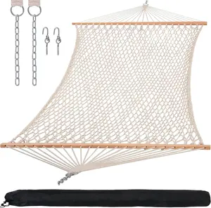 Traditional Rope Double Hammock with Hardwood Spreader Bar and Carrying Bag – Supports Up to 450 lbs, Natural Color.