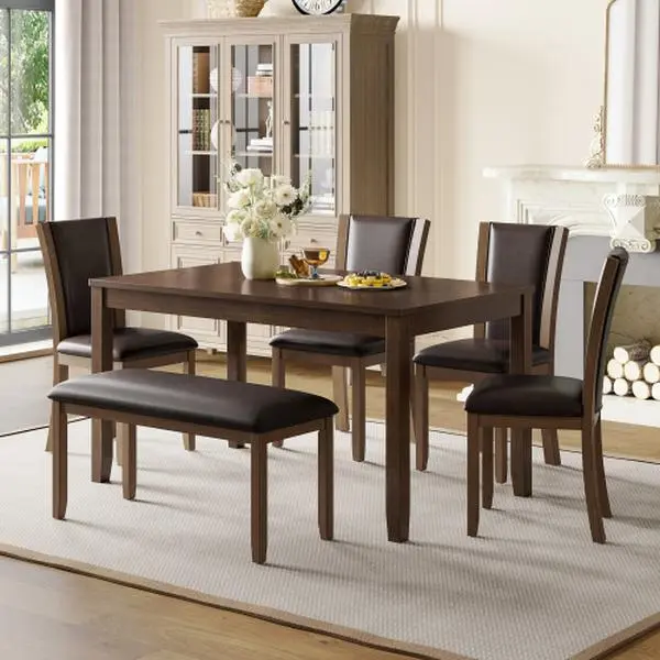 Bellemave 6-Piece Rustic Farmhouse Wood Dining Room Set - 4 Chairs, Bench, Solid Legs, Waterproof Top, Ergonomic Design, Non-Slip Bases, Smooth Feel, 330 lbs Capacity, Easy to Install, Natural Grain, for Dining Room