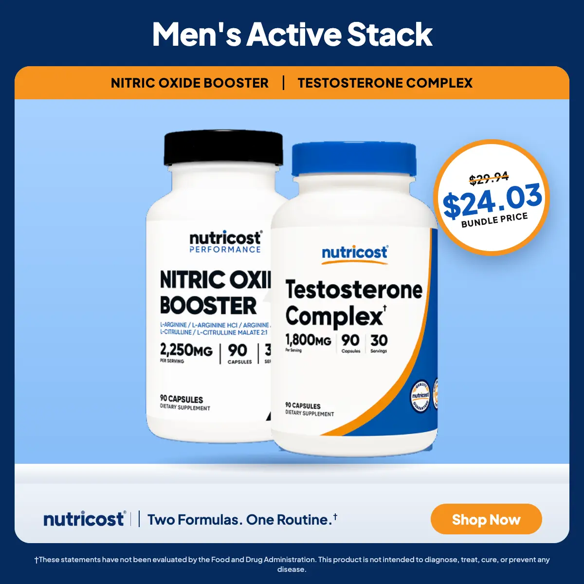 Men's Active Stack - Nitric Oxide Booster & Testosterone Booster Bundle - 30 Day Supply