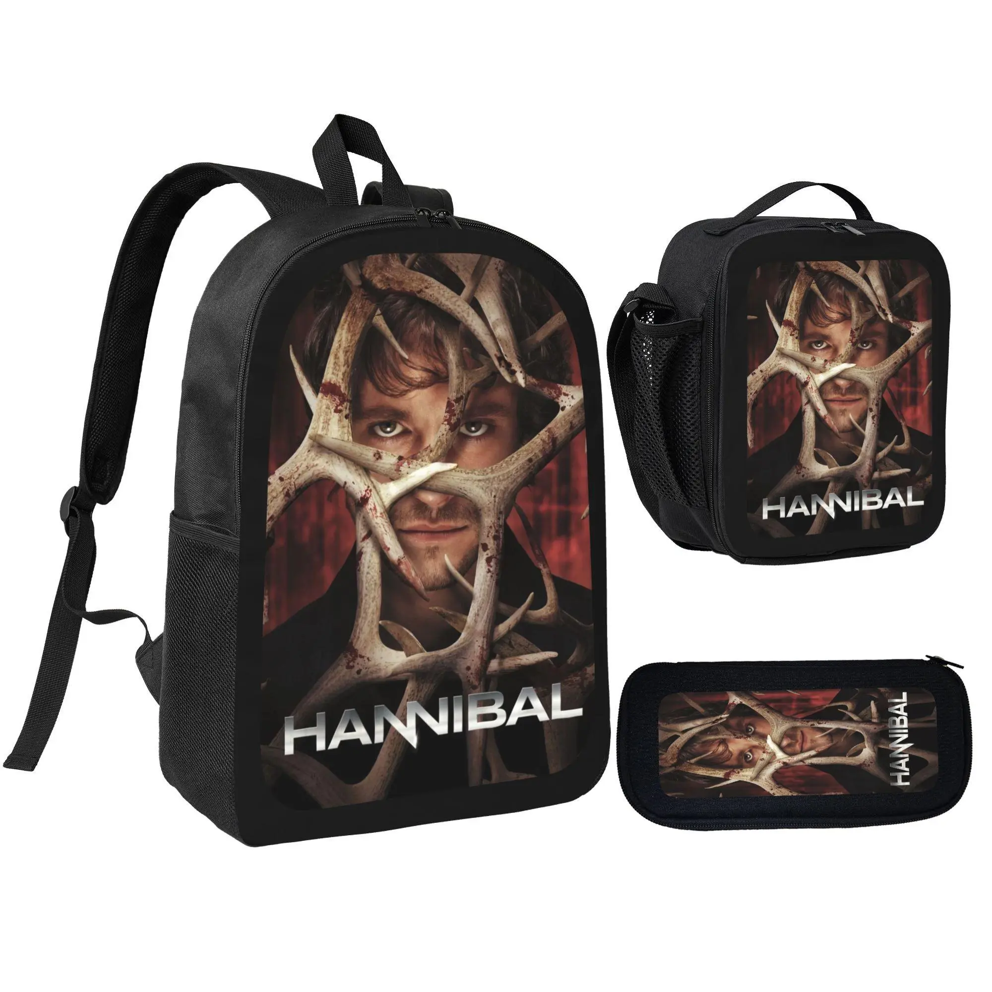 [3Pcs Backpack Set] Hannibal TV Series Deer Antlers Face Print With Lunch Bag Pencil Pouch School Bag For Fans Students Daily Use