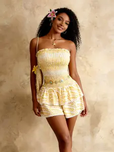 Women's Vintage Geometric Print Jumpsuit, Ruched Waist Layered Frill Bohemian Set, Beach Festival Vacation