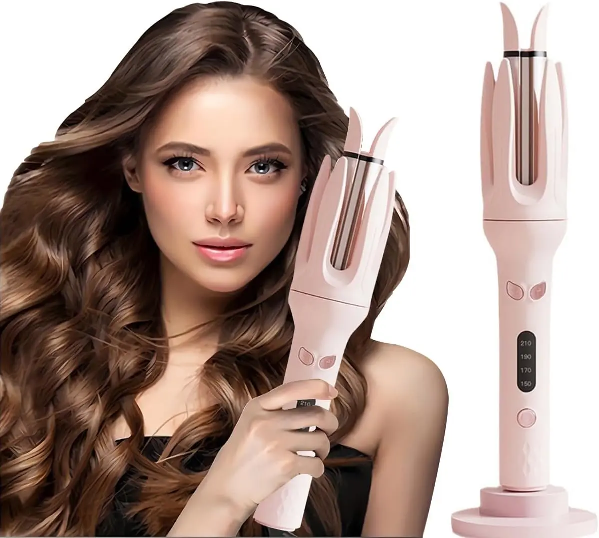 1-Inch Pink & Cream Automatic Rotating Salon Curling Iron - Lightweight, Portable, 4 Modes, Anti-Tangle, Press Button Hair Curler for Travel, Home Use (Home & Festive Party Supplies), Curly Hair, Frizz