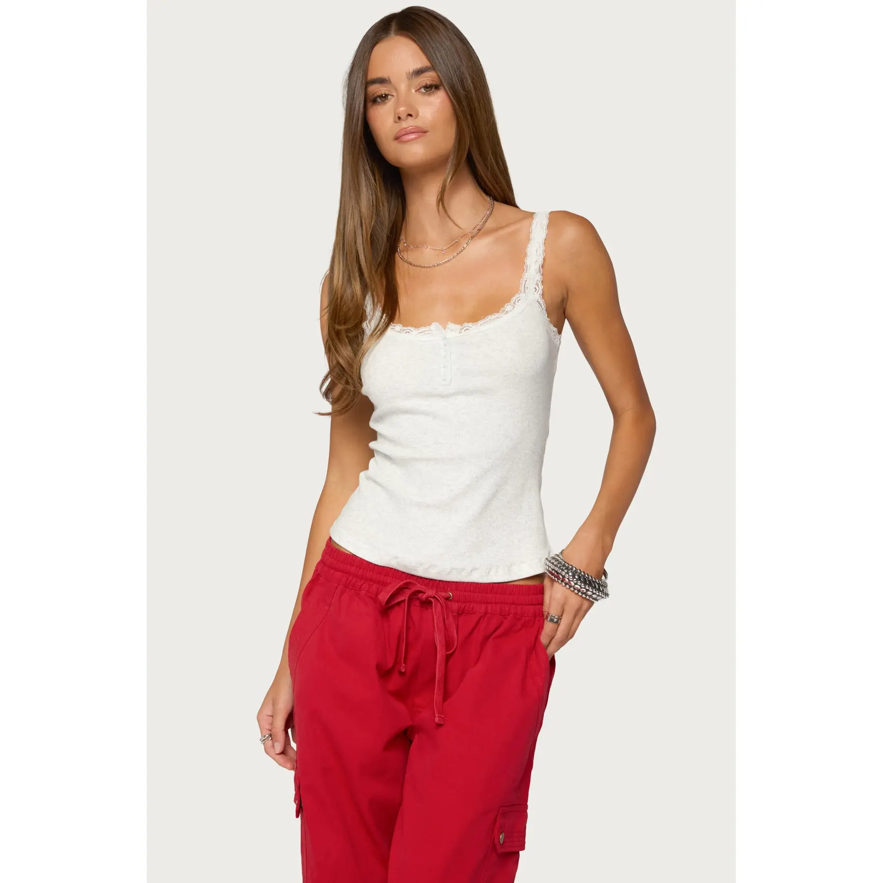 Contrast Stitched Lacey Henley Top