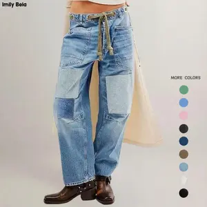 Imily Bela Womens Baggy Barrel Horseshoe Jeans Wide Leg Patchwork Low Rise Denim Pants with Pockets Casual & Formal Style