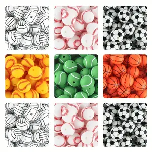 10pcs 15mm Ball Printing Silicone Beads For Jewelry Making DIY Handmade Plastic Pen String Bracelet Necklace Key Bag Phone Chain Craft Supplies