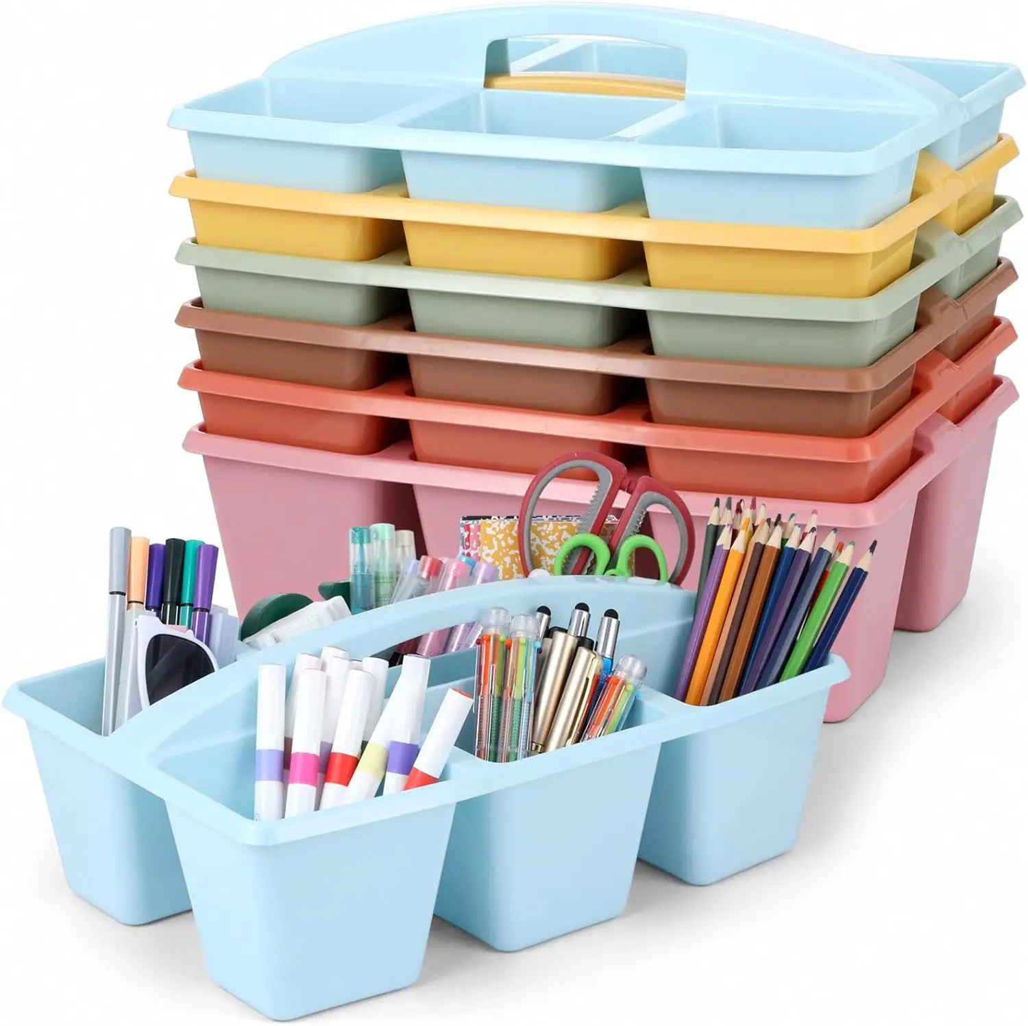 6 Pack Assorted Colors 6 Compartment Classroom Caddy with Handle Portable Plastic Storage Classroom Caddies Organizer for Classrooms Supply Teacher Office Table Desk