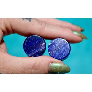 Non-Natural Crystal Earrings, Cosmic Galaxy Nebula Glass Plugs, Double-Flare Gauges, Starry Night Energy Blue and Gold Pair