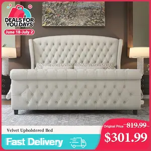 [DealsForYouDays][Summerwins]VanAcc Platform Bed Frame, Velvet Upholstered Sleigh Bed with Scroll Wingback Headboard & Footboard/Button Tufted/No Box Spring Required/Easy Assembly