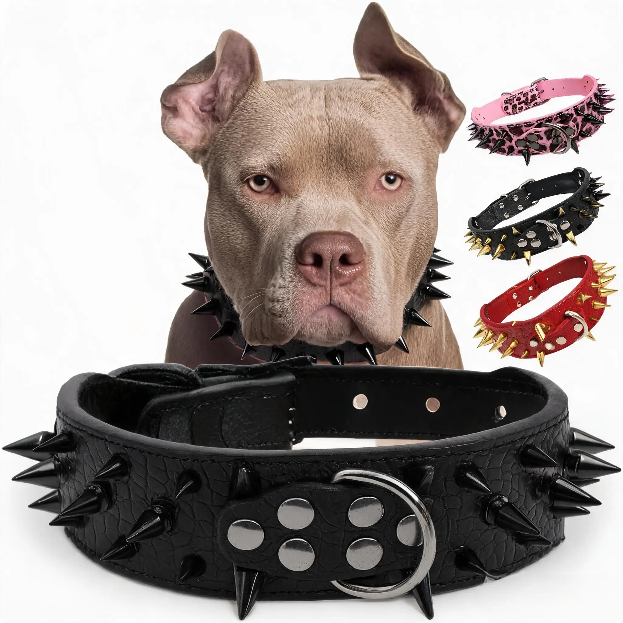 Luxurious Padded Anti-Bite PU Leather Spike Dog Collar - 2 in Wide, Black Sharp Spikes, Studs, Adjustable for Medium-Large Dogs (Pitbull), Pet Statement Accessory for Confident Look, Spike Collars