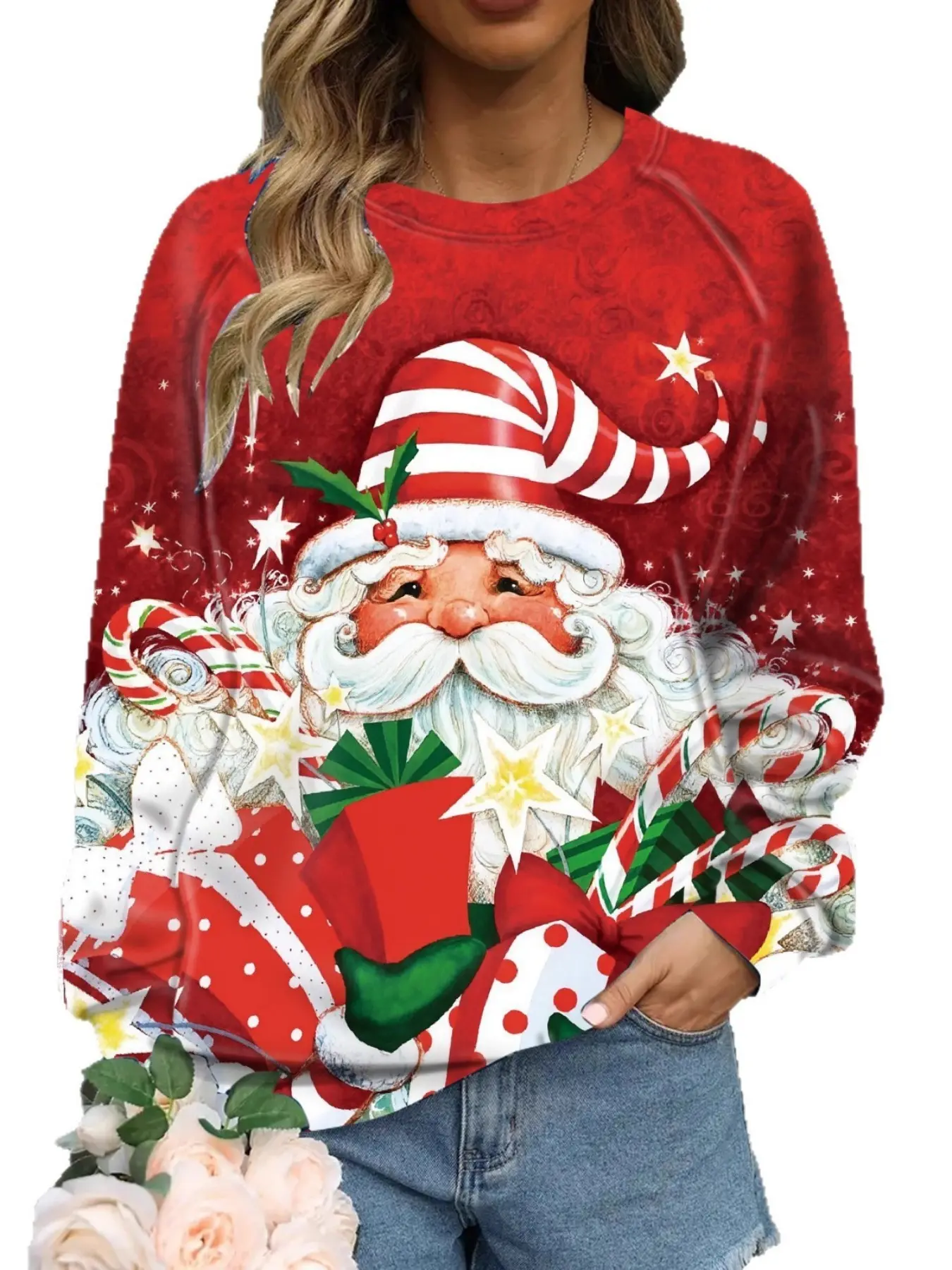 Women's Plus Size Cute Fashion Christmas Santa Sweatshirt, Casual Fall Winter Clothing, Festive Holiday Wear, Daily Leisure Apparel