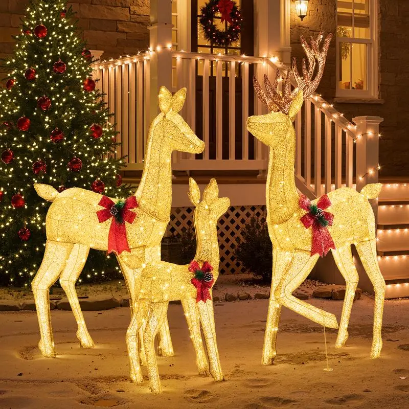 Gold Large Size Lighted Christmas Deer Family Set - 3-Piece 5.3Ft Wire Frame Decorative Lights with 360 LED Warm Glow, Stakes, Zip Ties, Floor Mount, Indoor-Outdoor Lawn Centerpiece for Festive Charm
