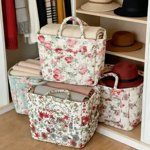 Large Flower Series Retro Floral Quilted Storage Basket, Foldable Fabric Handheld Basket, Home Organizer for Clothes and Toys, Space-Saving Spliced Retro Floral Storage Bin, Foldable Organizer for Storing Clothes, Towels, Toys, Travel and Picnic Supplies