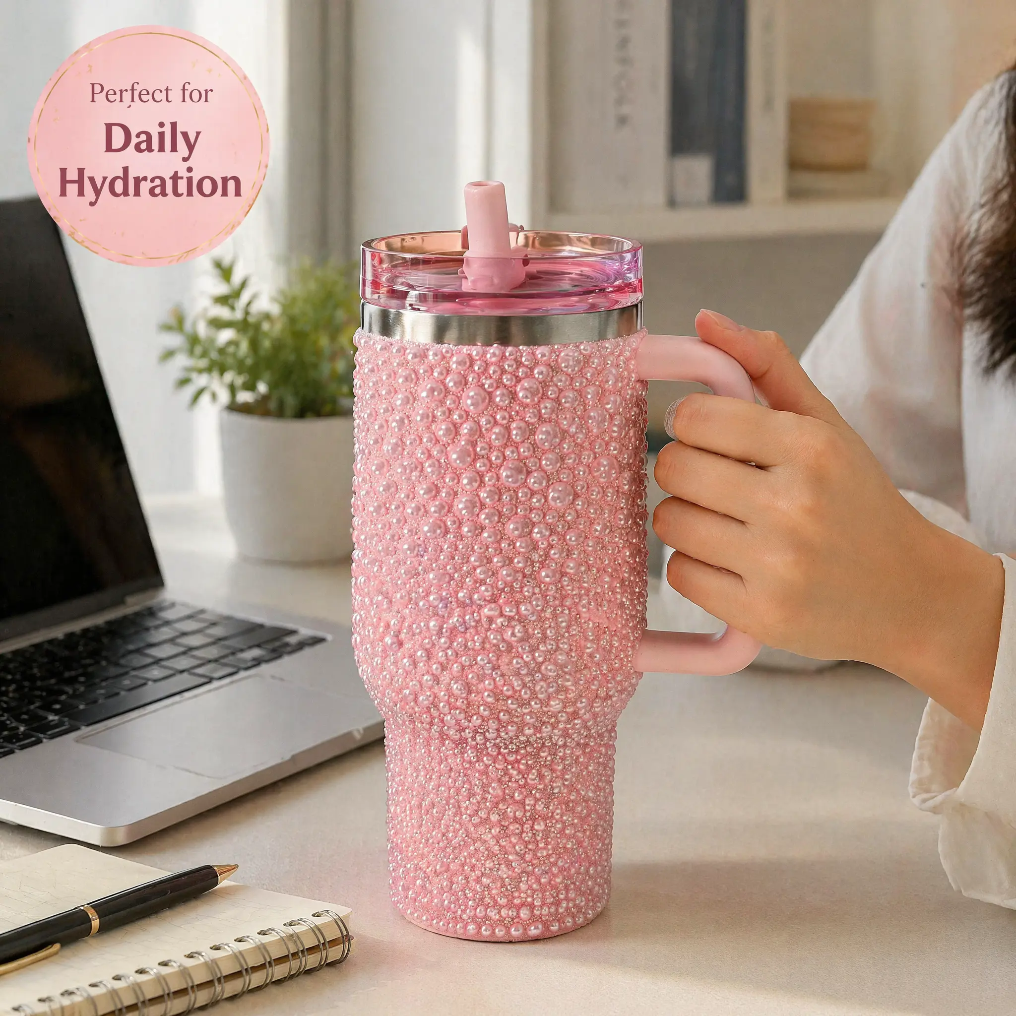 40oz Stainless Steel Vacuum Insulated Tumbler - Lightweight, Portable, Leakproof, Reusable, Stylish Bling Rhinestone Pearl Straw Lid, 24H Cold Retention, Car Cup Holders Fit, Stowing Accessory, Birthday Holiday Present, Fast US Delivery