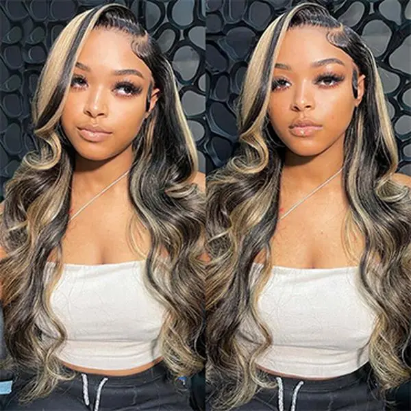 BangJazz FB/27 Balayage  Wigs Human Hair 13x6 Body Wave Highlight Lace Front wigs 180% Density Ombre Glueless Human Hair Wig for Women Pre Plucked