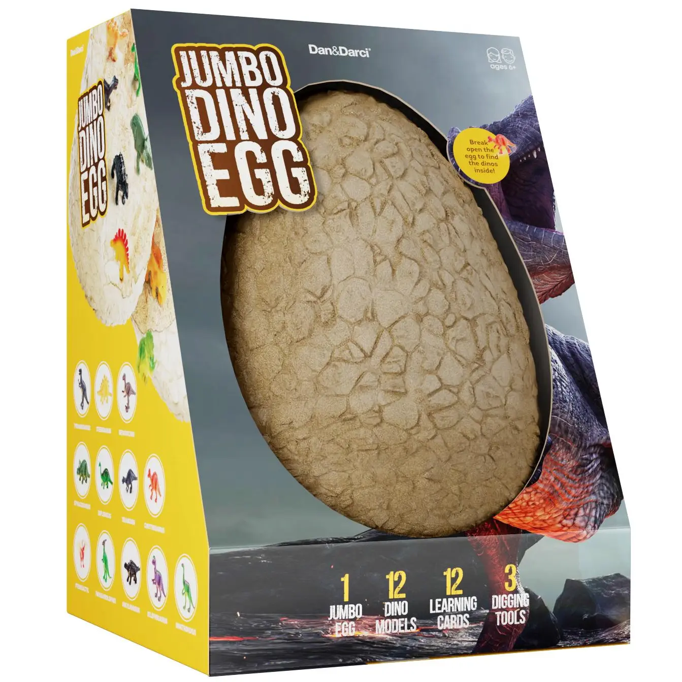 Dan&Darci Jumbo Dino Egg Dig Kit for Ages 6+, 7in Paleontology Egg with 12 Hidden 3D Figurine Dinosaurs & Prehistoric Creatures, PVC-Free Hands-On Science Play Dig Tools Set (Chisel & Brush)