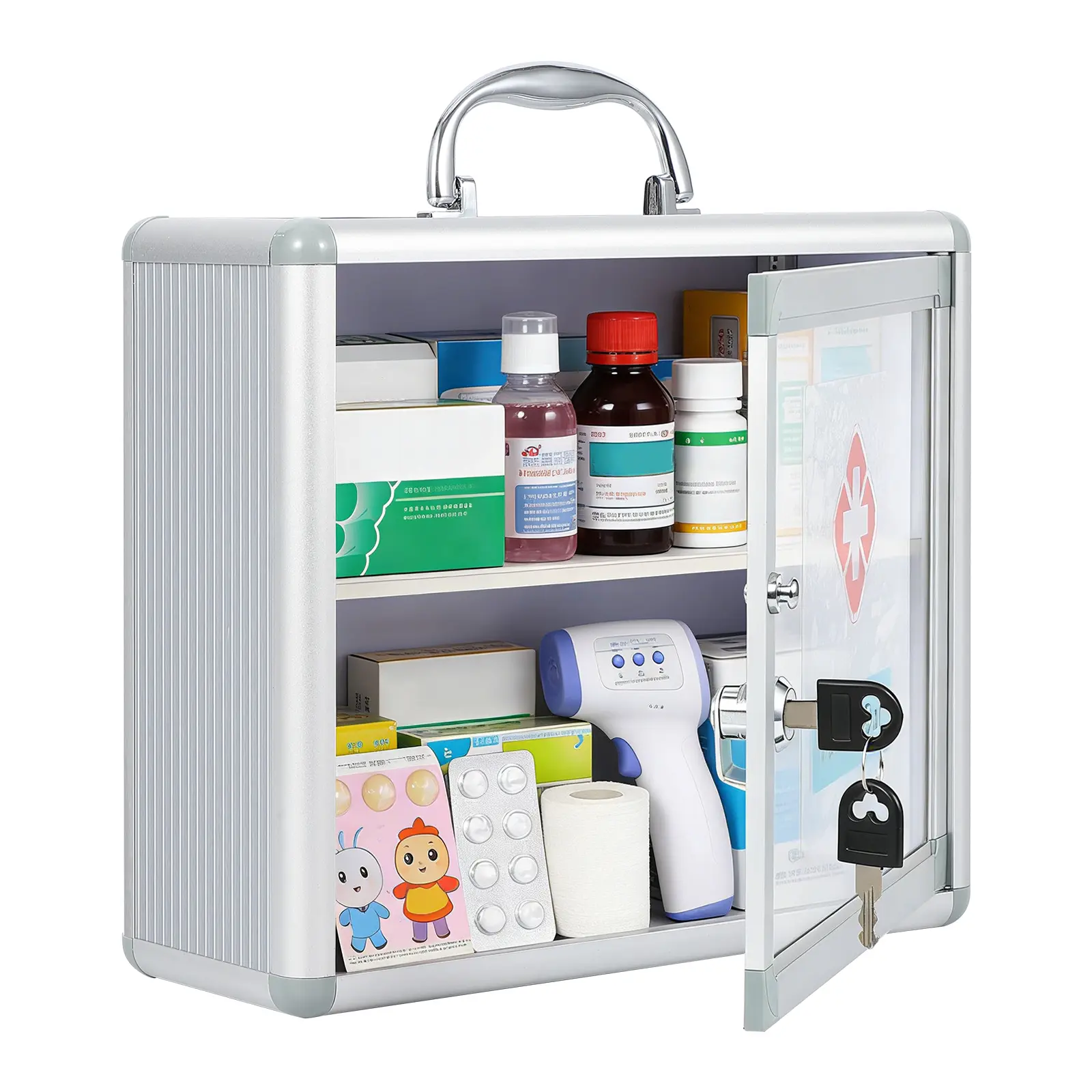 Secure Lockable Wall Mounted Medicine Cabinet for Bathroom – Metal Construction, Handle & Key – First Aid Storage Organizer – Silver