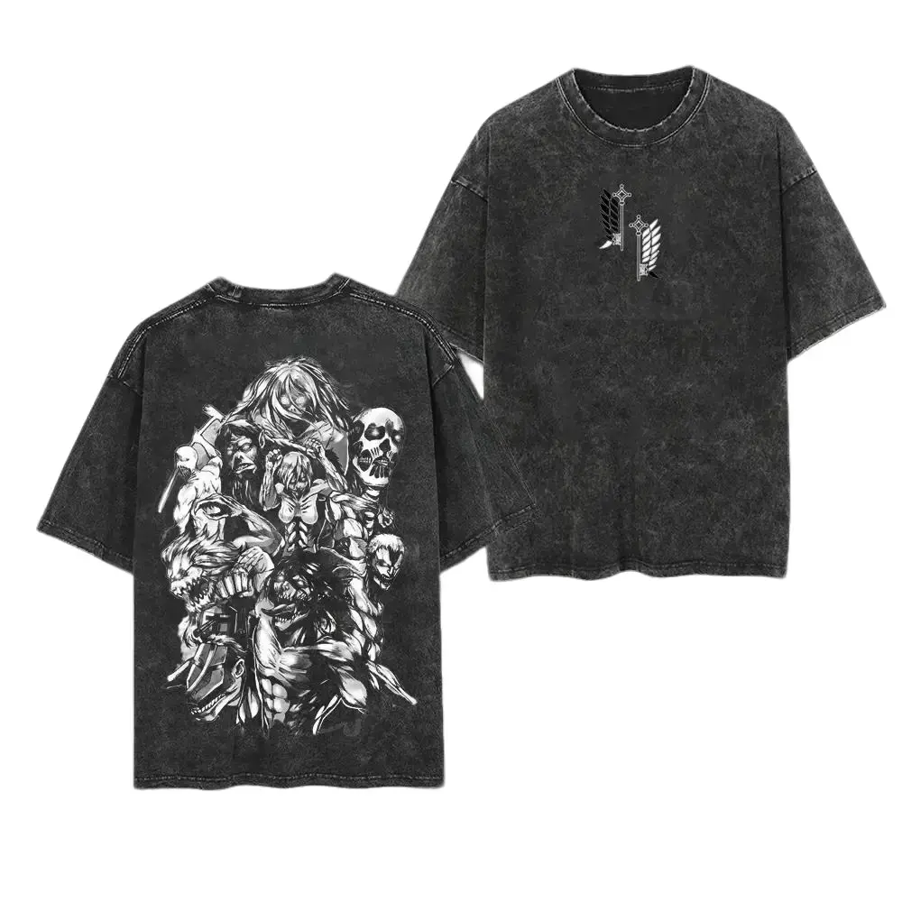 Men's Retro Unisex Attack on Titan "TITAN" Double-Printed Vintage Wash Casual Menswear Short-Sleeve Loose-Fitting Medium-Length Heavyweight Cotton Washed T-Shirt, Gift for Anime Fans, Summer Wear