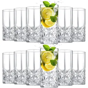 Set of 12 Tall Highball Glasses 12 oz  Drinking Glasses Clear Fancy Cups  Textured Designer Glassware for   Water  Soda Beverages, Dishwasher Safe(Stylish Style)