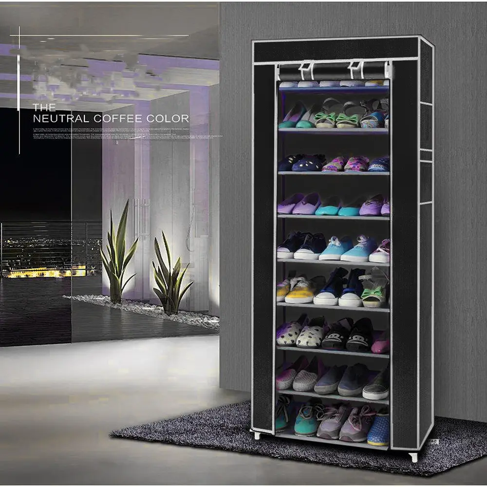 [Bellemave]Room-saving 10-Layers 9 Lattices Non-woven Fabric Shoe Rack Black