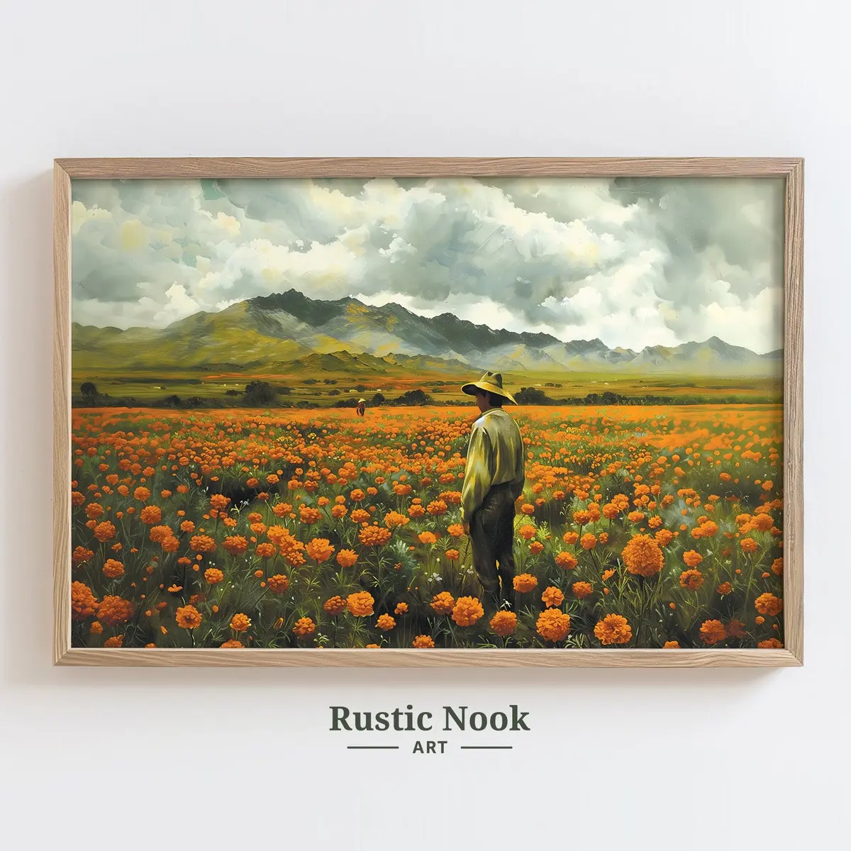 Marigold Field Print – Mexican Landscape Art, Autumn Farm Scene Poster, Traditional Nature Wall Art, Home Decor, Room Decor, Unframed, 5 Sizes (8x12–27x40 inch)