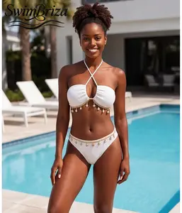 Briza｜Halter Textured White Cut-Out Bikini Set With Shell Charm Details Fancy Two-Piece Bathing Suit For Women Stylish Vacation Swimwear Summer Pool Beachwear, Women's Swimwear, Two Piece Bathing Suit, Halter Neck, Resort Cruise Beachwear
