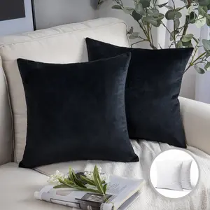 Soft Silky Velvet Series Square Decorative Throw Pillow Cushion for Couch, 20" x 20", Black, 2 Pack, Hidden zipper