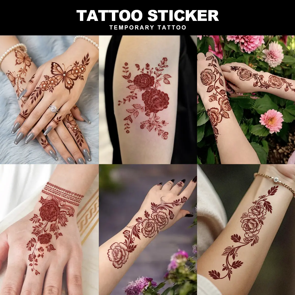 2 PCS Waterproof Long Lasting Brown Henna Temporary Tattoo Stickers Pack Boho Floral Rose Butterfly Mehndi Design Dainty Hand Wrist Arm Bridal Wedding Festival Semi Permanent Body Art Decals For Women