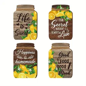 4pcs Wooden Wall Art - 2D Flat-Print Lemon Jar-Shaped Decor, Indoor Decoration, for Home Kitchen & Lemonade Stand, No Installation Required - Perfect Hanging Decor for Living Room, Bathroom & Stair Wall Art