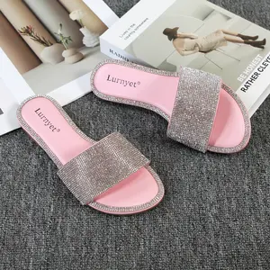 Women's Glitter Rhinestone Slide Sandals Sparkling Bling Flats with Open Toe for Casual Wear