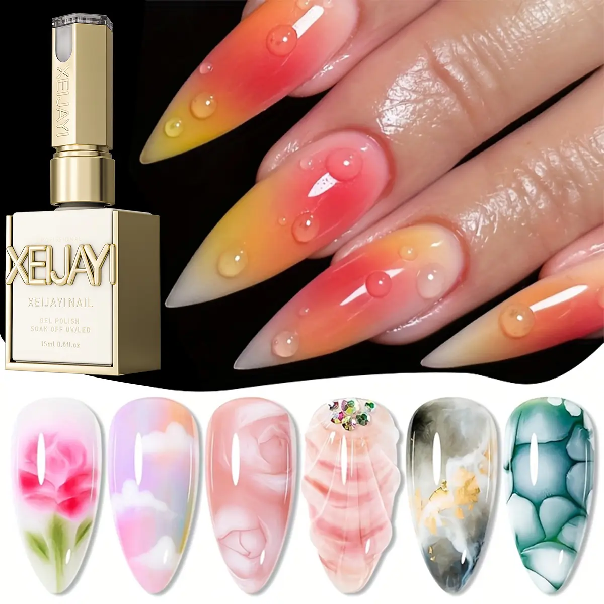 XEIJAYI 1PC 15ML 【TPO&HEMA Free】 Blooming Gel Nail Polish, Gradient Water Dye Effect Gel with Soft Color Diffusion and Subtle Glitter Finish, Soak-Off UV LED Nail Gel for Nail Art Design, DIY Manicure, Nail Decoration, Home and Salon Use