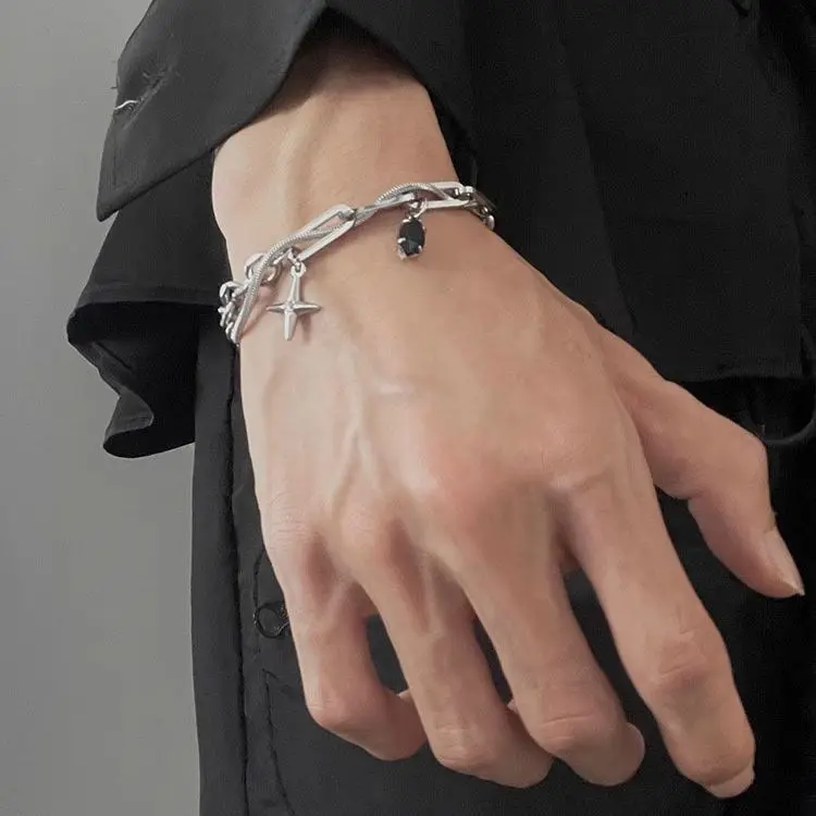 Unisex Star Charm Bracelet, Dark Grunge Double Layer Titanium Steel Chain with Black Crystal, Tarnish Proof & Adjustable Jewelry, Adjustable Bracelet, Charm Bracelets