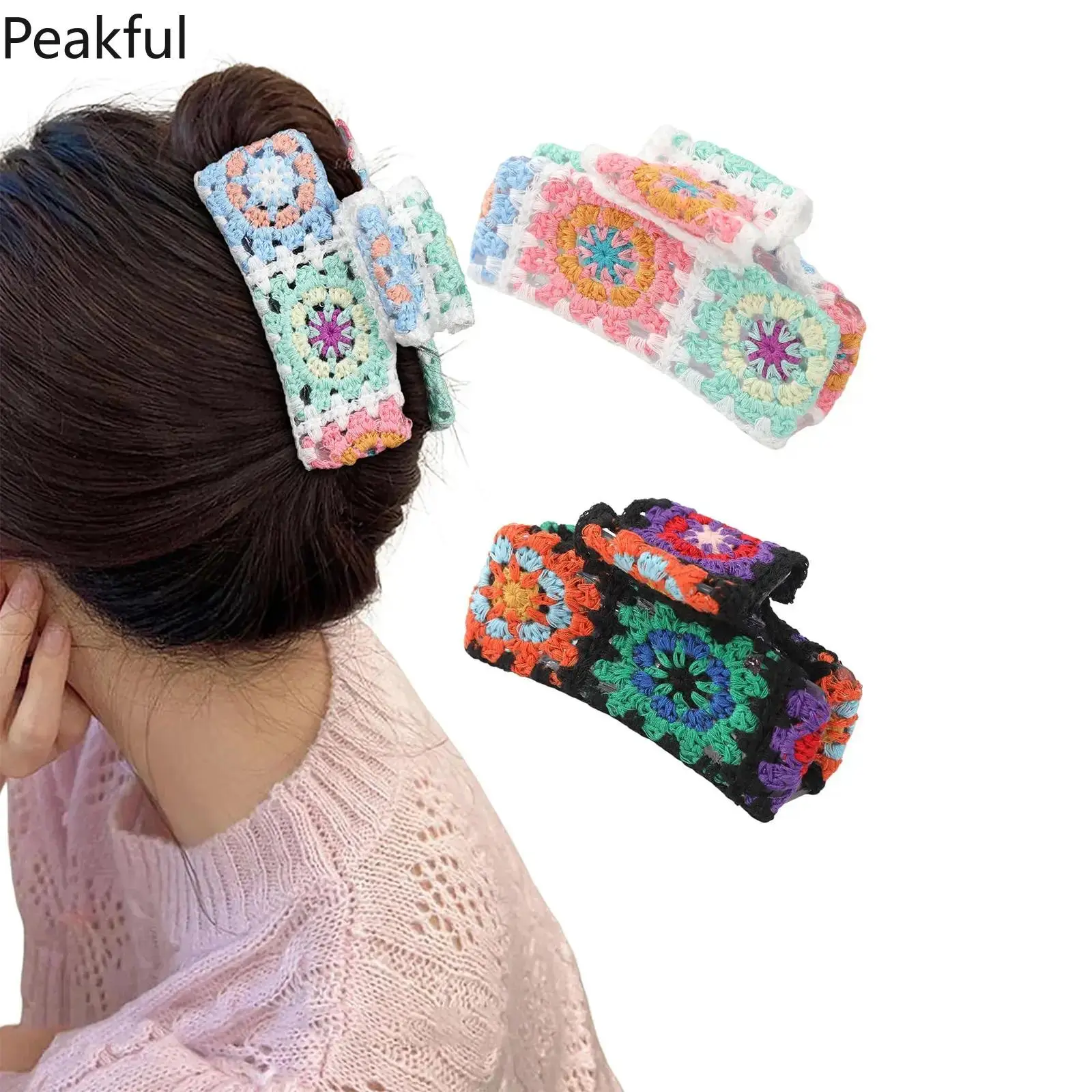 2Pcs Large Crochet Hair Claw Clips, Trending Non-slip Knitted Hair Accessories, Cute Flower Strawberry Design Jaw Clips with Strong Grip, sturdy clamping force & comfy wearing, perfect for thick hair styling, daily casual looks,party dressing arrangement
