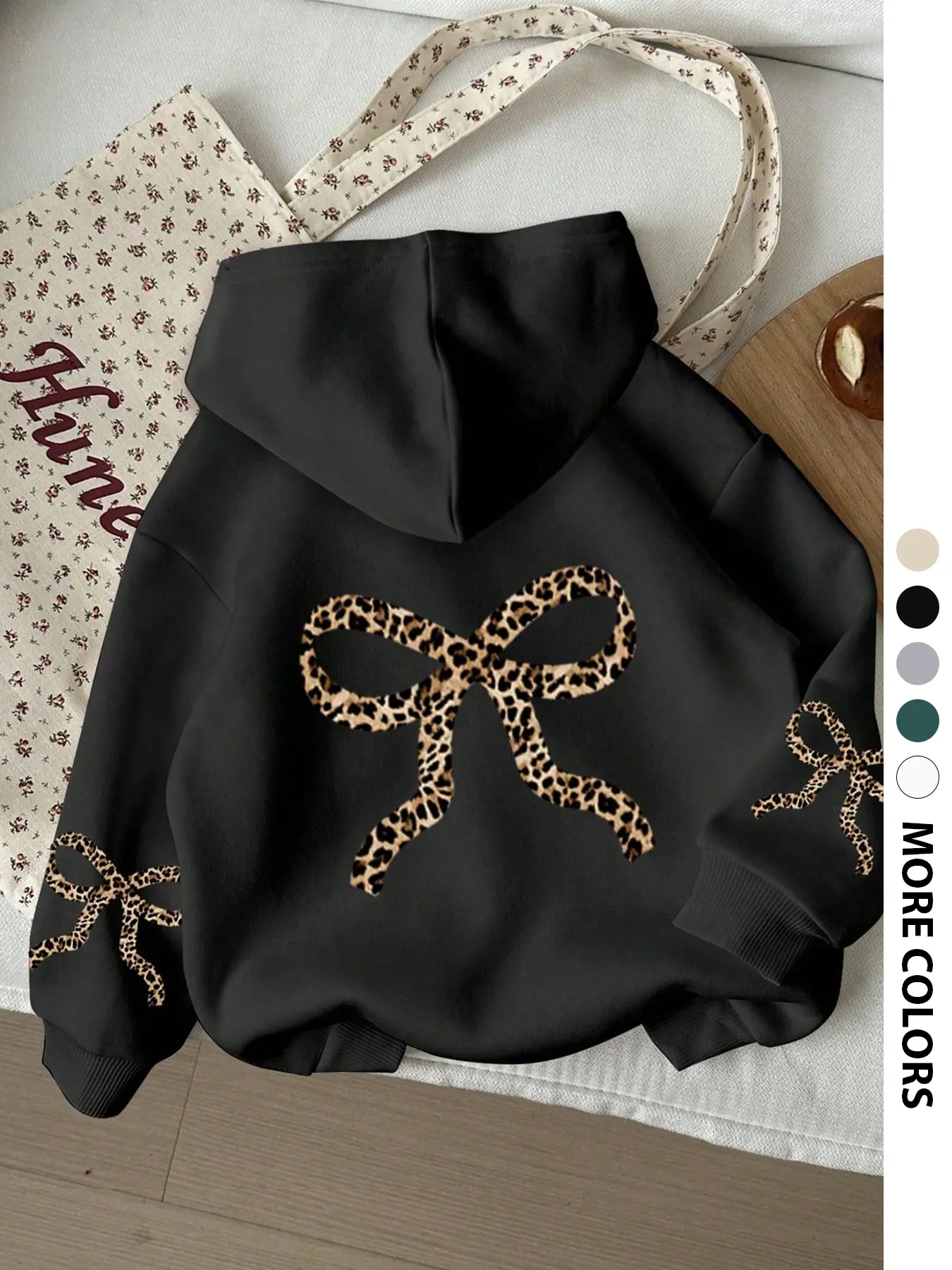 Women's Leopard Print Hoodie Pullover with Long Sleeve and Butterfly Knot Design, Casual Style Loose-Fit Spring, Fall & Winter Sweatshirt, Fashionable Daily Wear Womenswear Tops, Casual Cozy Sweatshirt