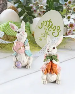 Classic Religious Easter Bunny Figurines Set (2-Pack) - 4.2in Lightweight Hand-Painted Resin Rabbits with Resurrection Eggs, Carrots | Ornaments for Home Decoration, Cute Gift