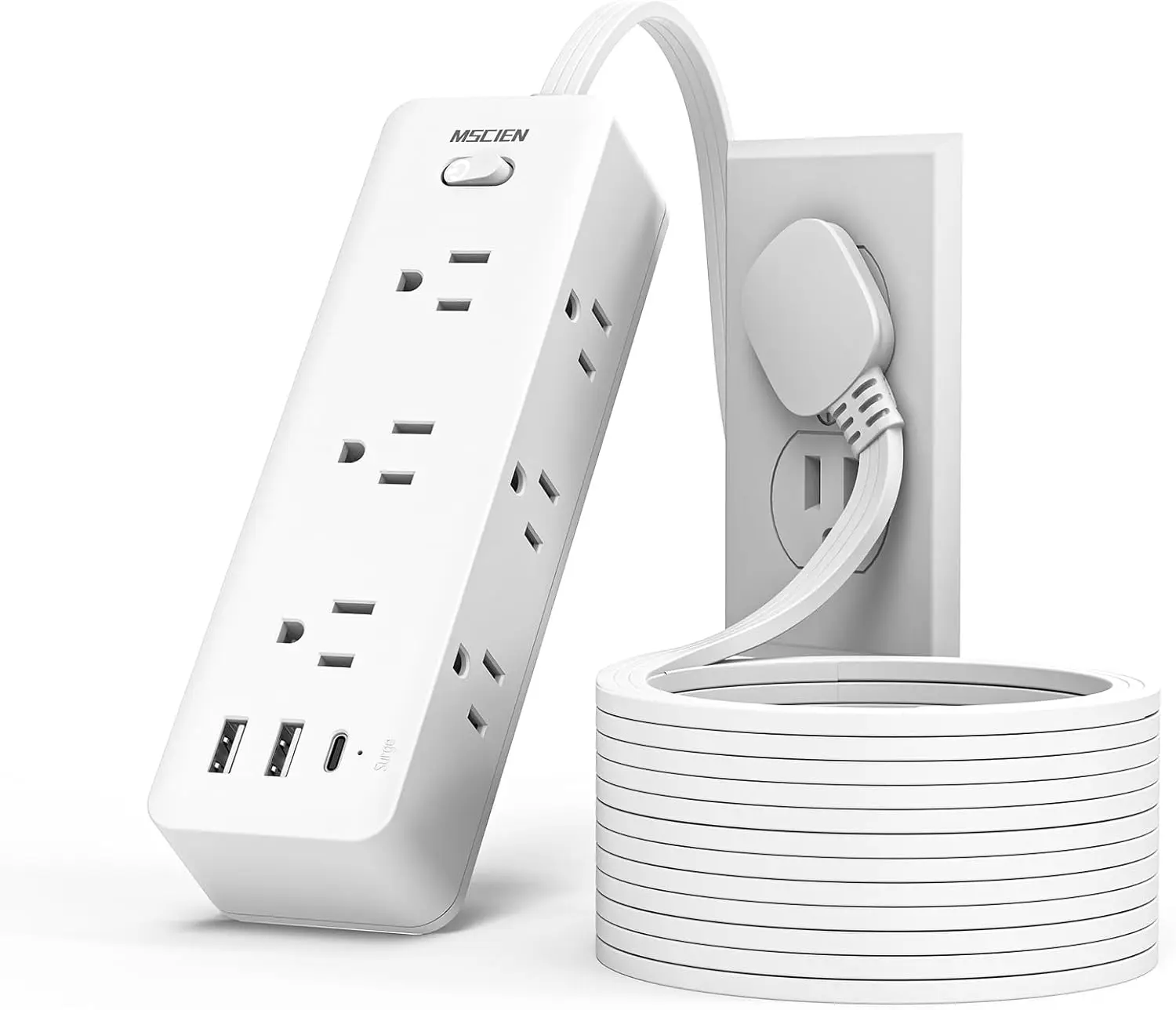10FT Flat Extension Cord with Multiple Outlets, 6 Outlets Power Strip with 3 USB Slots, White Long Outlet Extender for Home, Dorm, Kitchen, Office