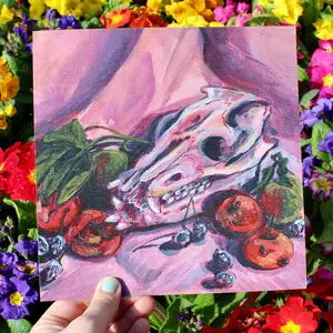 Rotten Harvest 8x8 Acrylic Painting Art Print  Pink Pig Skull Rotten Fruit Girly Goth Still Life Painting