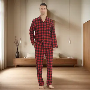 Mens Flannel Pajamas Set Cotton Polyester Plaid Pjs Button Down Warm Soft Elastic Classic Christmas Loungewear Long Sleeve Menswear Casual Homewear Nightwear Stylish Matching