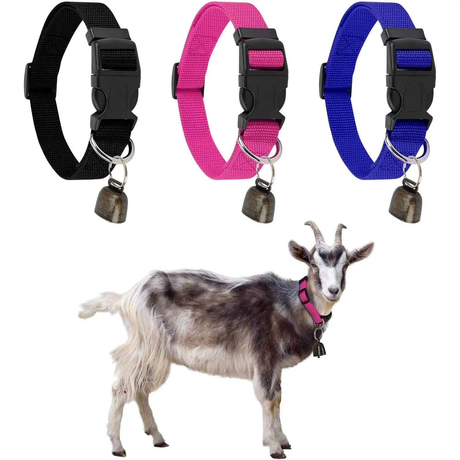 3-Pack Adjustable Durable Nylon Collars with Bell & Quick Release Anti-Loss Buckle for Small Farm Goats, Sheep, Cows, Horses