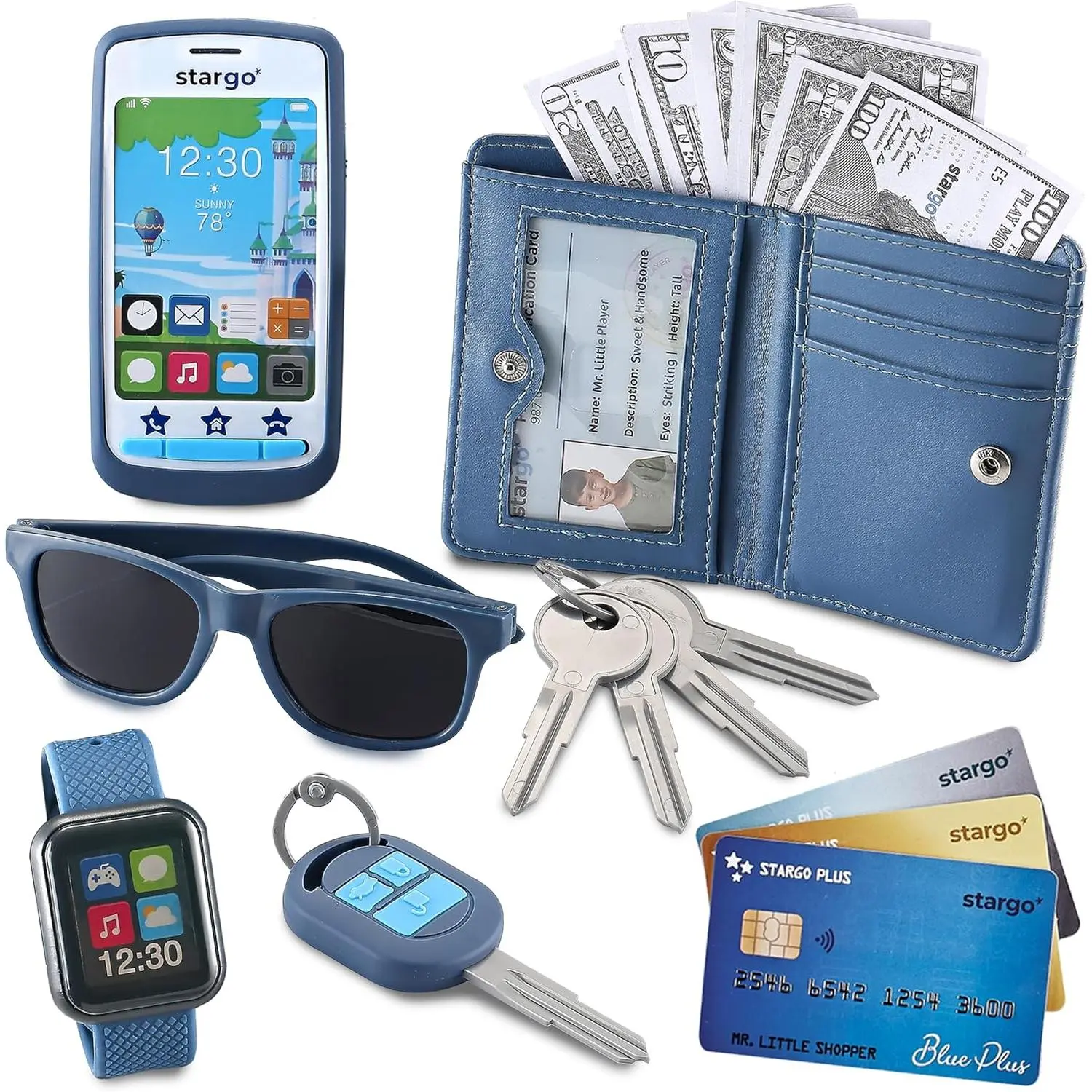 Play Wallet for Boys with Money and Pretend Play Toys, Cellphone, Smartwatch, Keys, Sunglasses, Toddler Wallet for Kids Ages 3 4 5 6 7 8 9 10 11 12  Grown Up Pretend Play Set for Kids