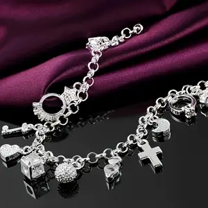Women's 935 Silvery Heart Key Pendant Bracelet - 1pc, 13 Small Pendants, Bohemian Style, Shiny Elegant Exquisite Costume Jewelry, Ideal Birthday Gift for Girlfriend