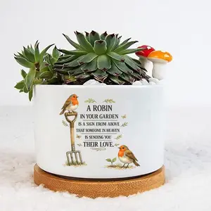 Window Sill Flower Pots, Robin Memorial Flower Pot, Rustic Bird Garden Planter with Tray, Ceramic Succulent Pot, Decorative Pot, Grief Gift