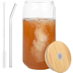 MIUVA 1 Count Set Beer Glass Cup Iced Coffee Glasses Drinking Cup Clear Old Fashioned Whiskey Cup with Bamboo Lid & Glass Straw for Cocktail Whiskey Mojito Smoothie Iced Coffee Classic Drinkware Sets Tableware Sets Christmas Gift
